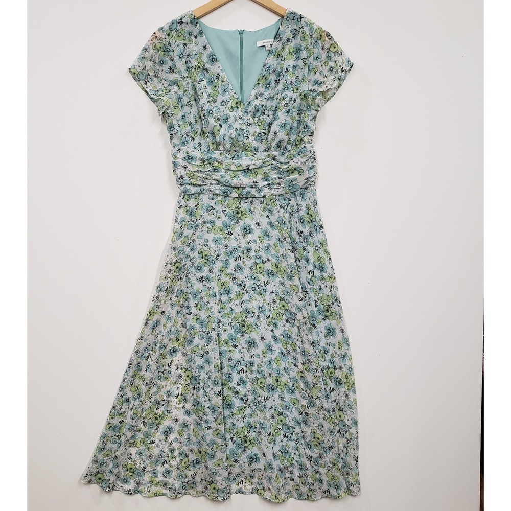 Dressbarn Floral Faux Wrap Midi Dress Size 10 Green Blue Ruched Chiffon Cottage - Picture 3 of 8
